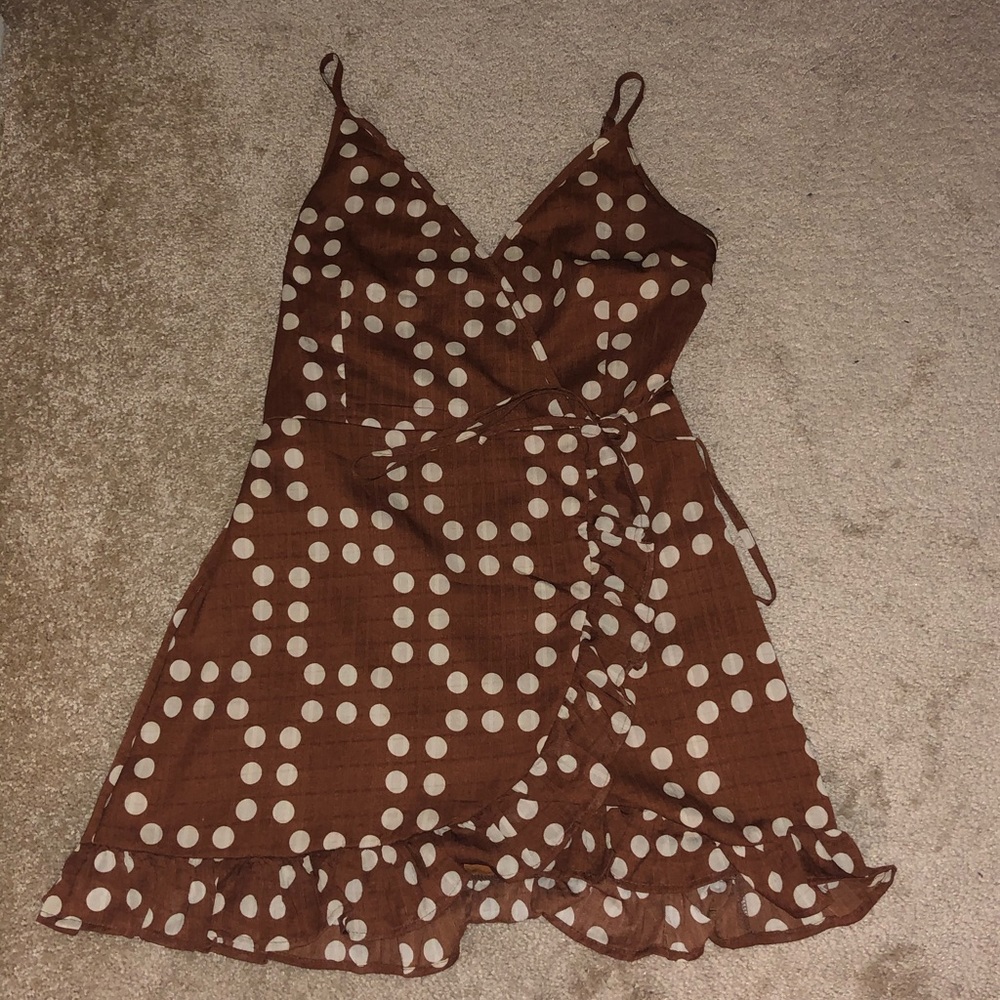 Brown and white polka dot wrap dress. Never worn!